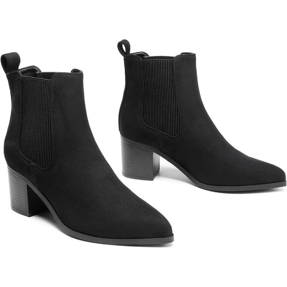 Women's Faux Suede Chelsea Ankle Boots Low Block Heel Pointed Toe Fall Shoes - Picture 5 of 8